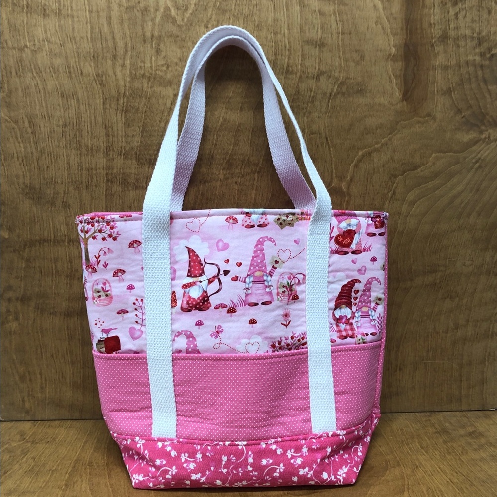 SM Pink Valentines Gnome Tote Bag Pockets Handmade Cotton Canvas Reusable Gift
